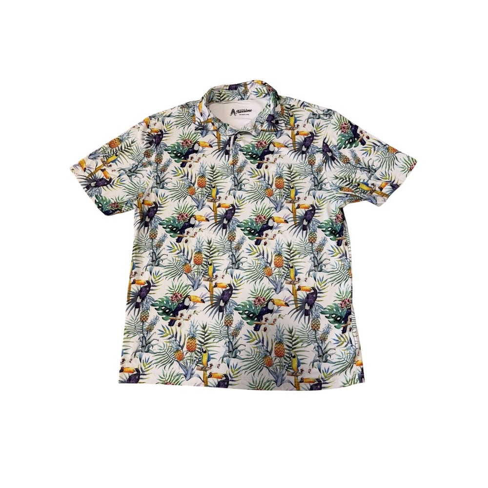 ROYAL & AWESOME Polo Shirt Mens Large White Toucan Tropical Golf Stretch